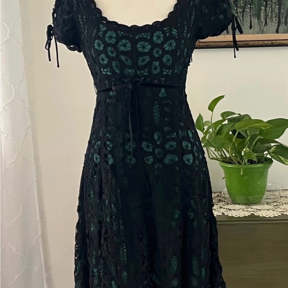 Betsey Johnson Black Crochet Midi Dress with Emerald Lining